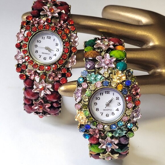 Red Floral Rhinestone Watch Cuff Band Round Face Ornate Fashion Watch - NEW ! - Picture 3 of 16